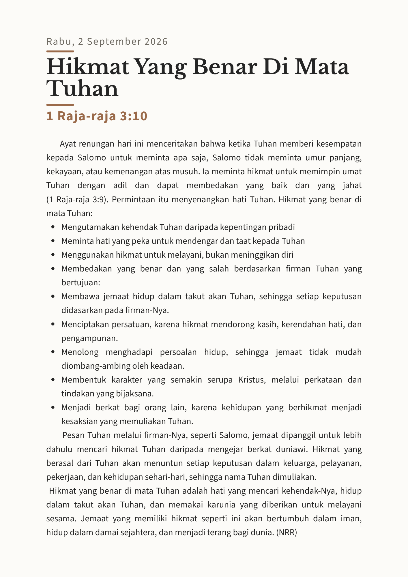 Hikmat yang Benar di Mata Tuhan