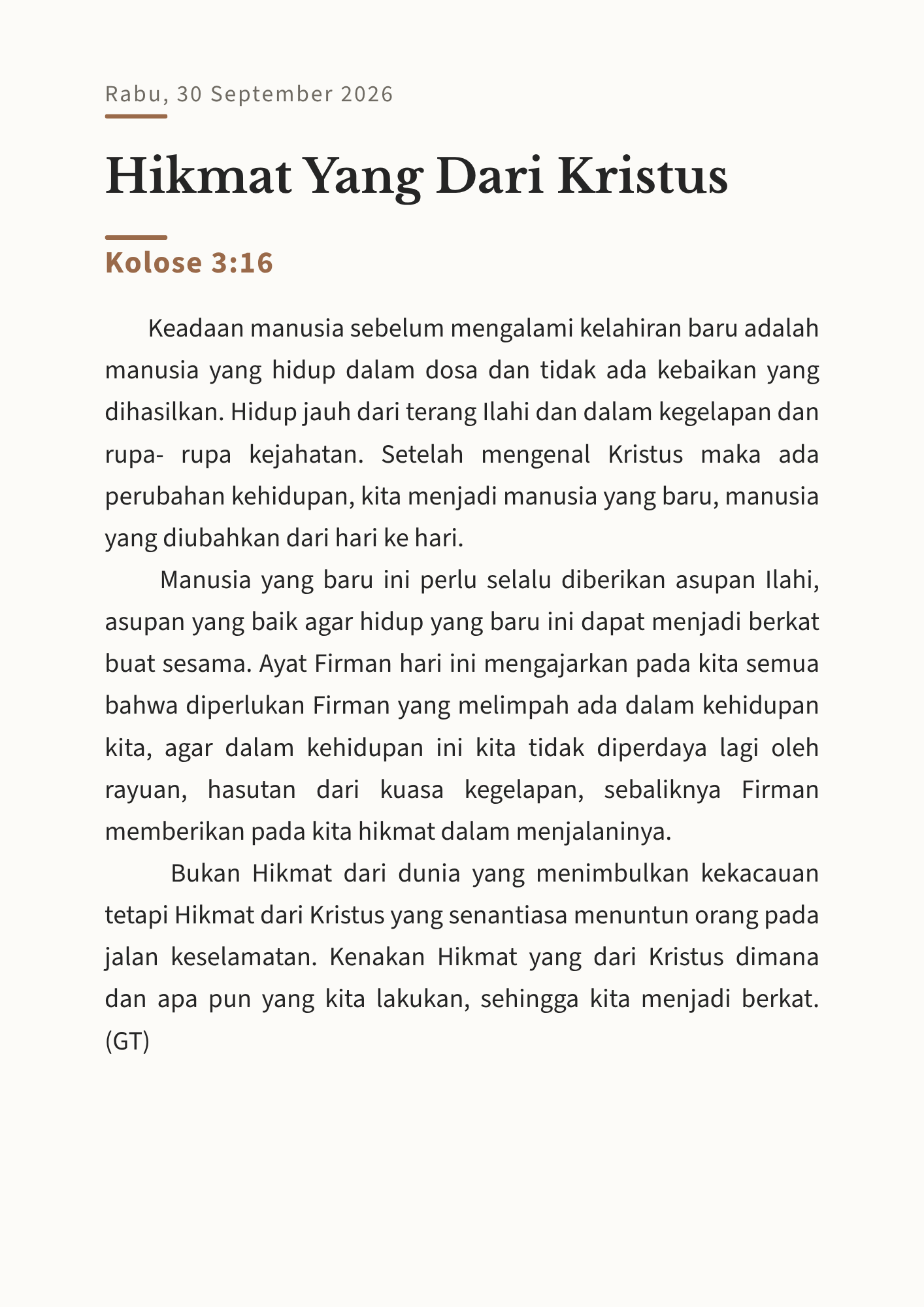 Hikmat Yang Dari Kristus