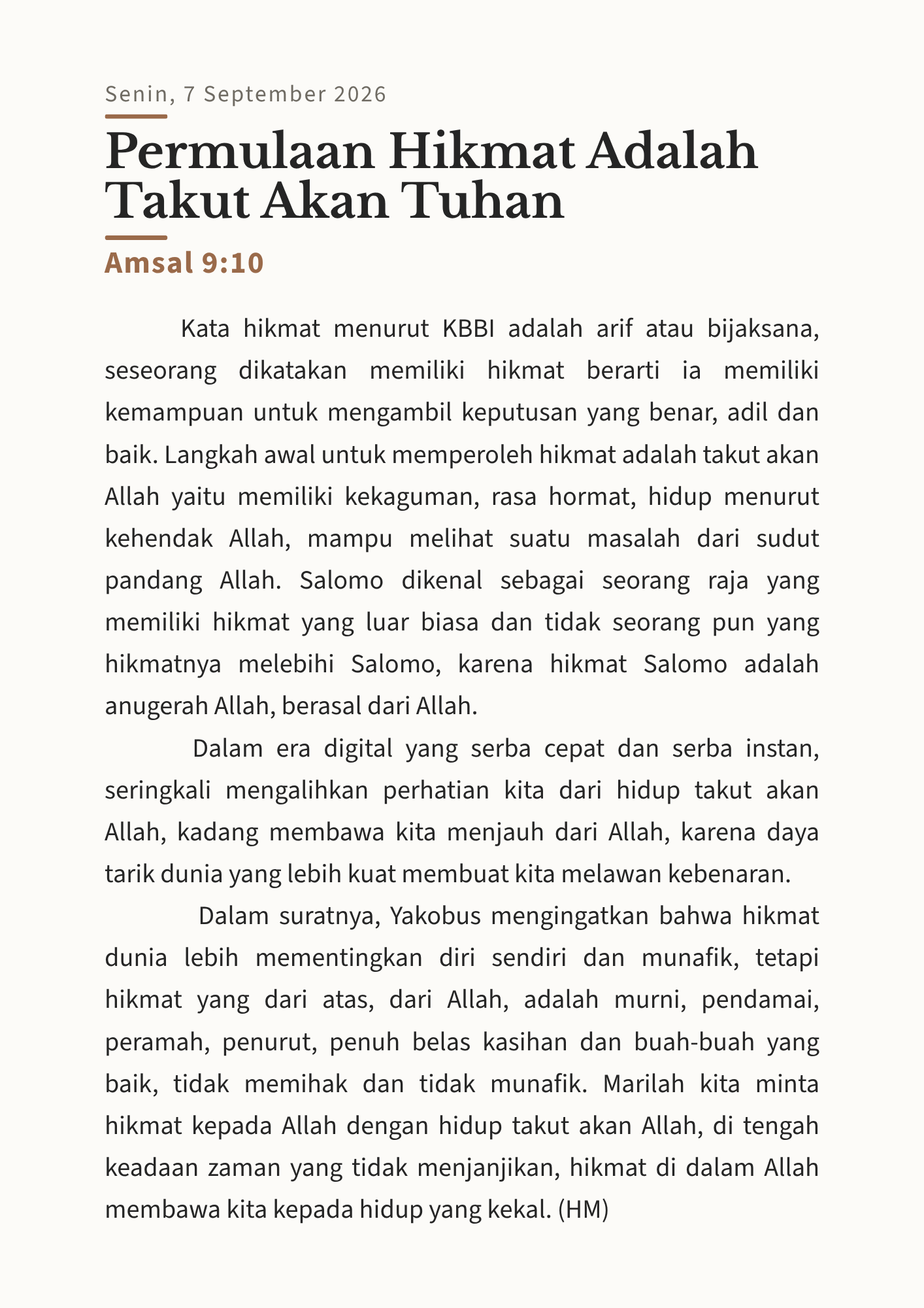 Permulaan Hikmat adalah Takut akan Tuhan