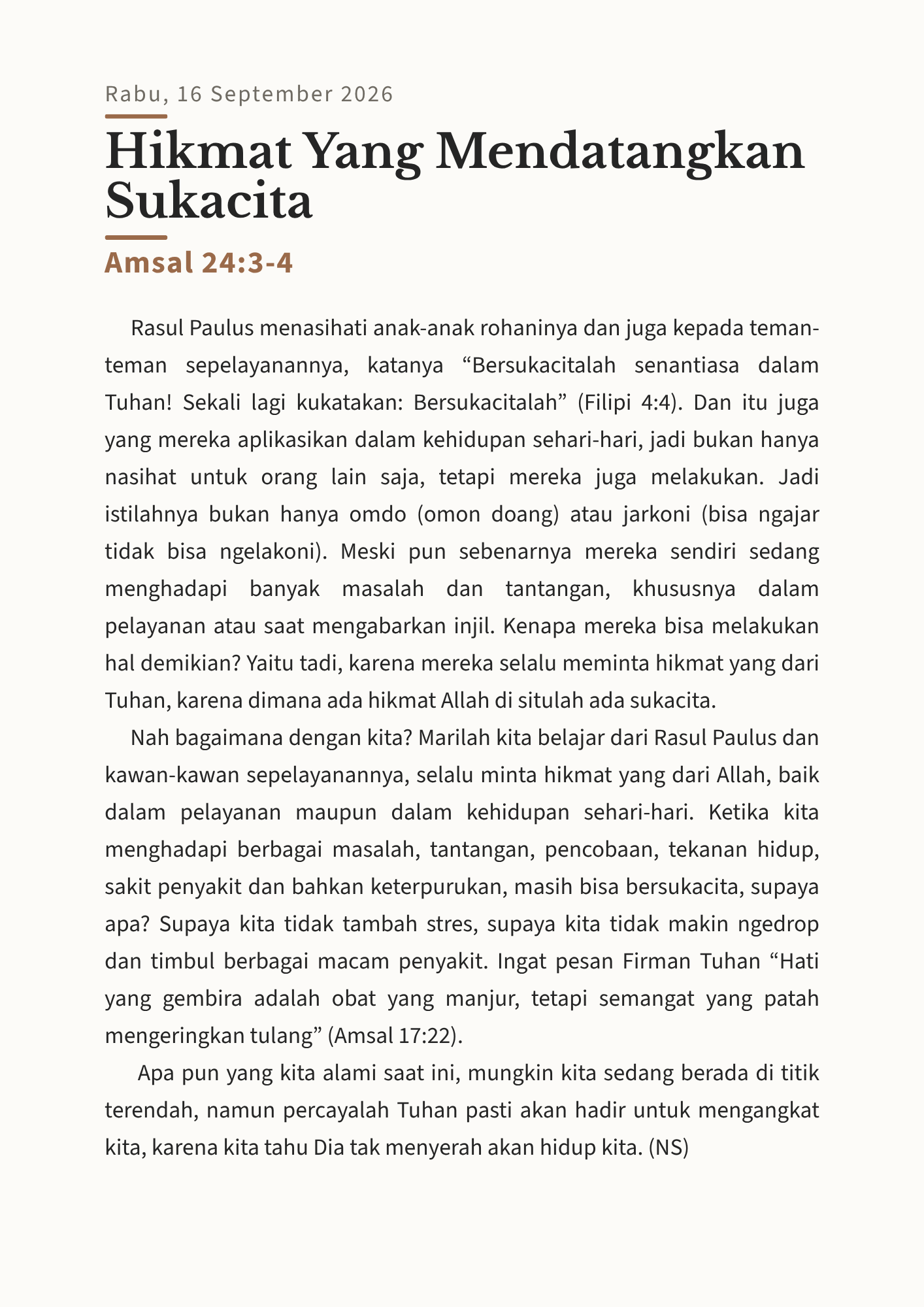Hikmat Yang Mendatangkan Sukacita