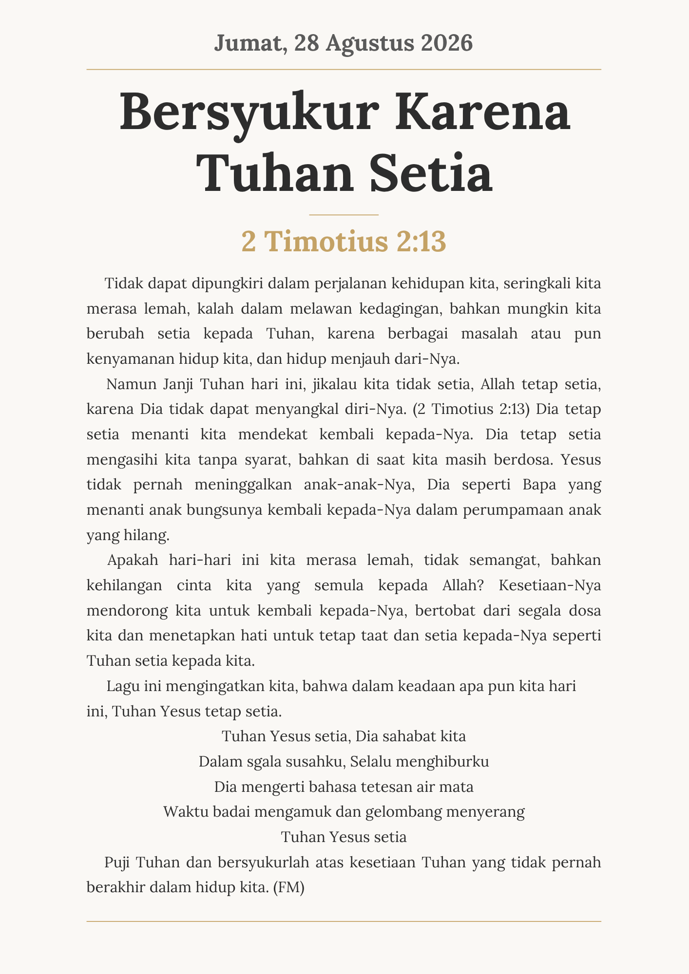 Bersyukur Karena Tuhan Setia