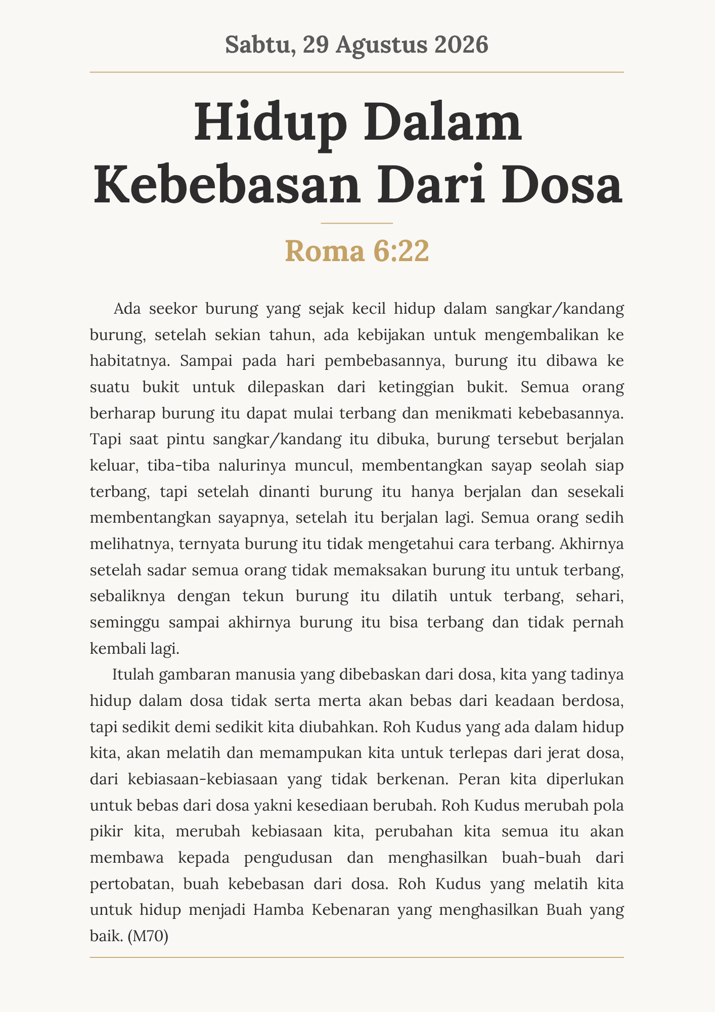 Hidup Dalam Kebebasan Dari Dosa