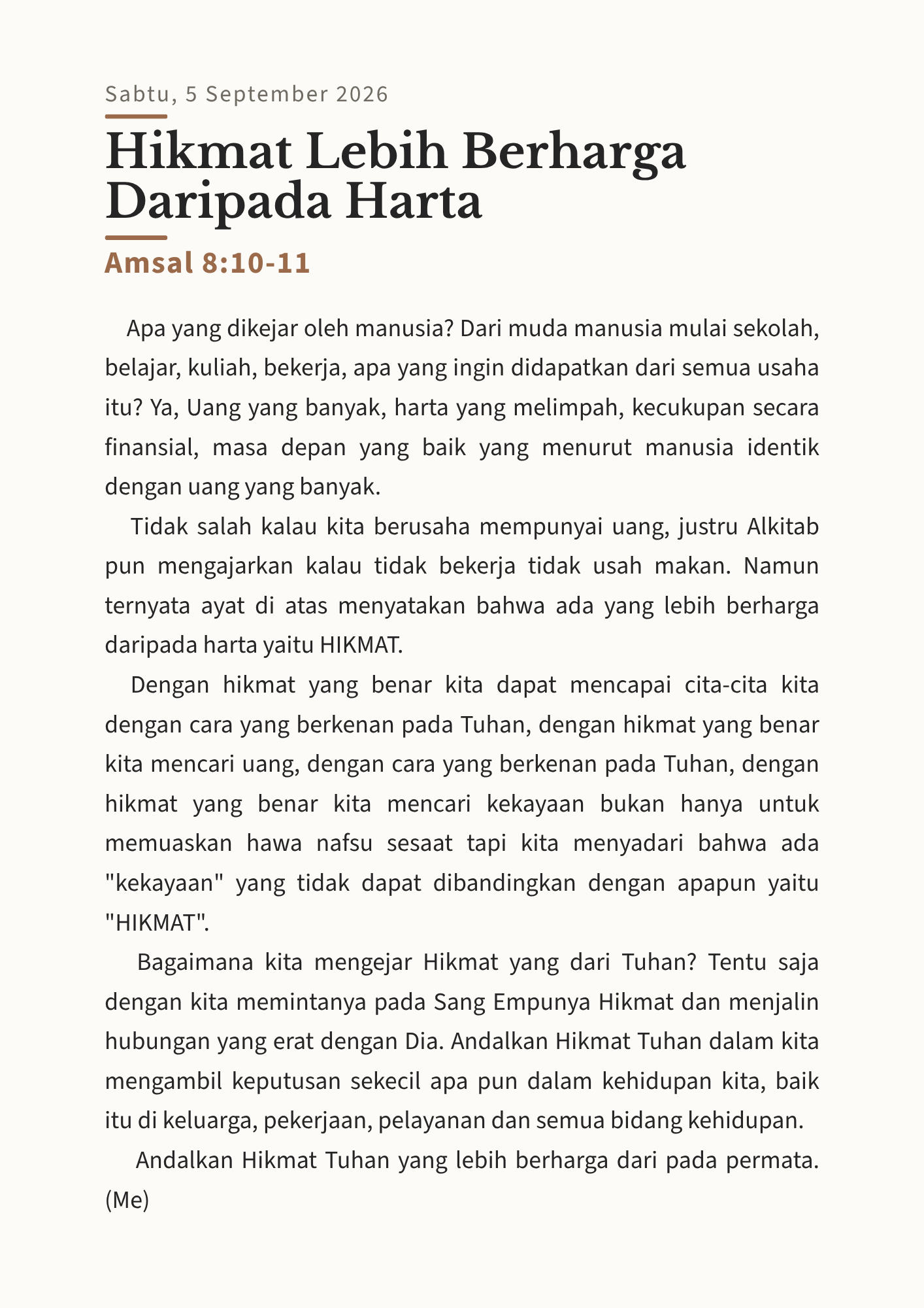 Hikmat Lebih Berharga Daripada Harta